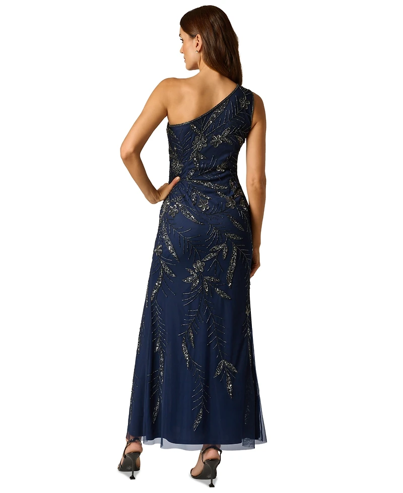 Adrianna Papell Women's One Shoulder Bead Mesh Long Dress