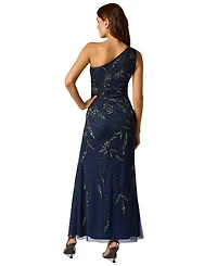 Adrianna Papell Women's One Shoulder Bead Mesh Long Dress