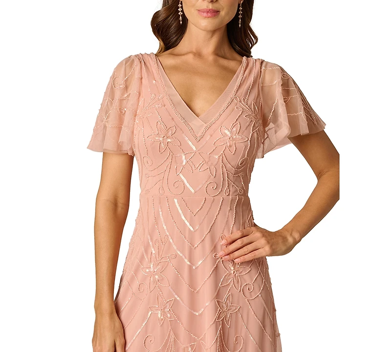 Adrianna Papell V-Neck Bead Mesh Flutter Dress