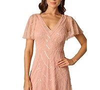 Adrianna Papell V-Neck Bead Mesh Flutter Dress