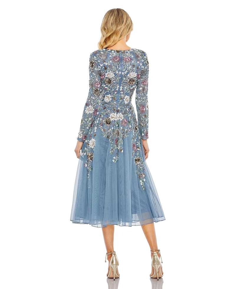 Mac Duggal Women's Hand Embellished Floral V Neck Long Sleeve Dress