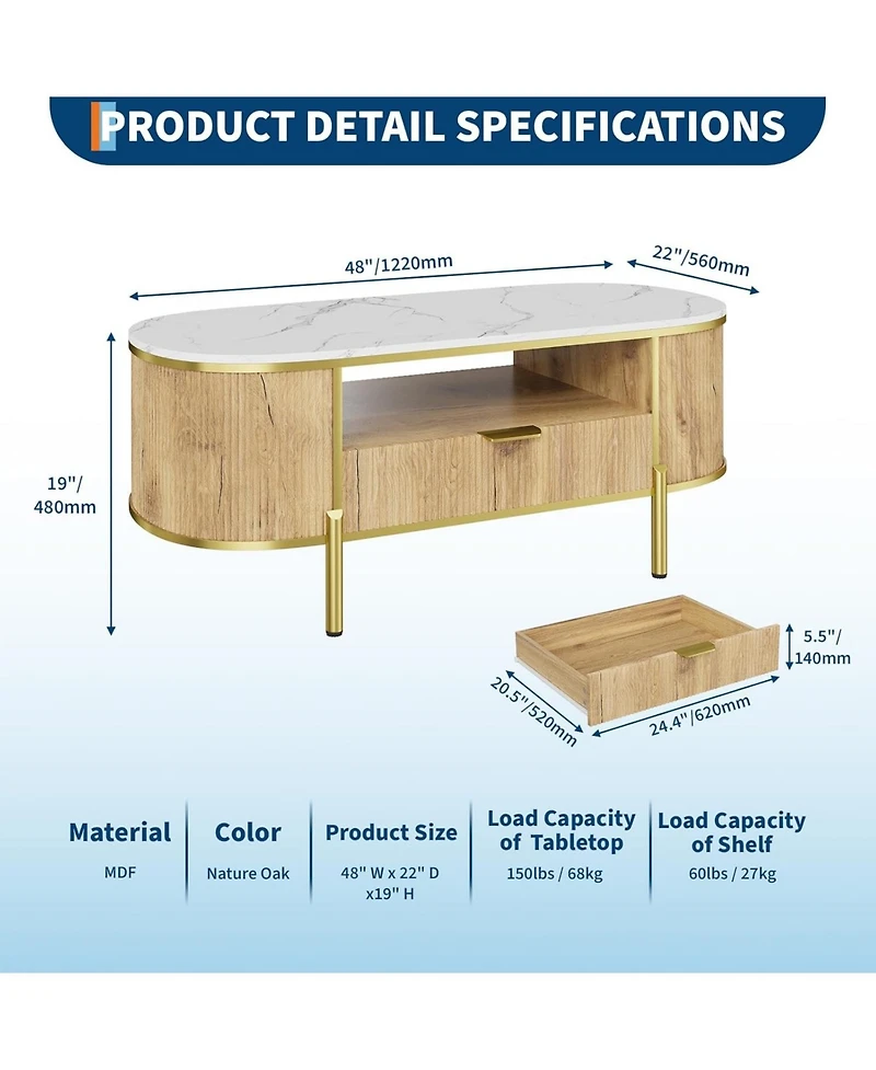 gaomon 48" Oval Coffee Table with Storage, Modern Luxury Coffee Table with Drawer and Faux Marble Top, Fluted Center Table with Curved Profile Design