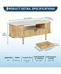 gaomon 48" Oval Coffee Table with Storage, Modern Luxury Coffee Table with Drawer and Faux Marble Top, Fluted Center Table with Curved Profile Design