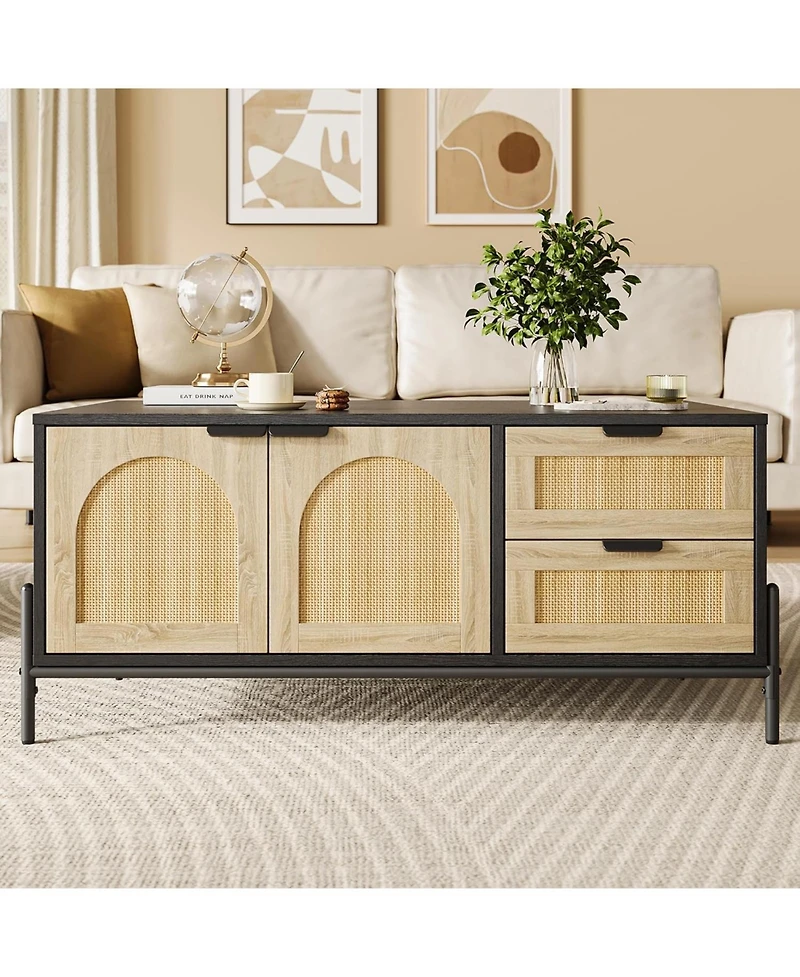 gaomon Farmhouse Rattan Coffee Table, Modern Center Table with 2 Drawers Storage Cabinet and Open Shelf, Rectangle End Table with Metal Frame