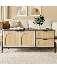 gaomon Farmhouse Rattan Coffee Table, Modern Center Table with 2 Drawers Storage Cabinet and Open Shelf, Rectangle End Table with Metal Frame