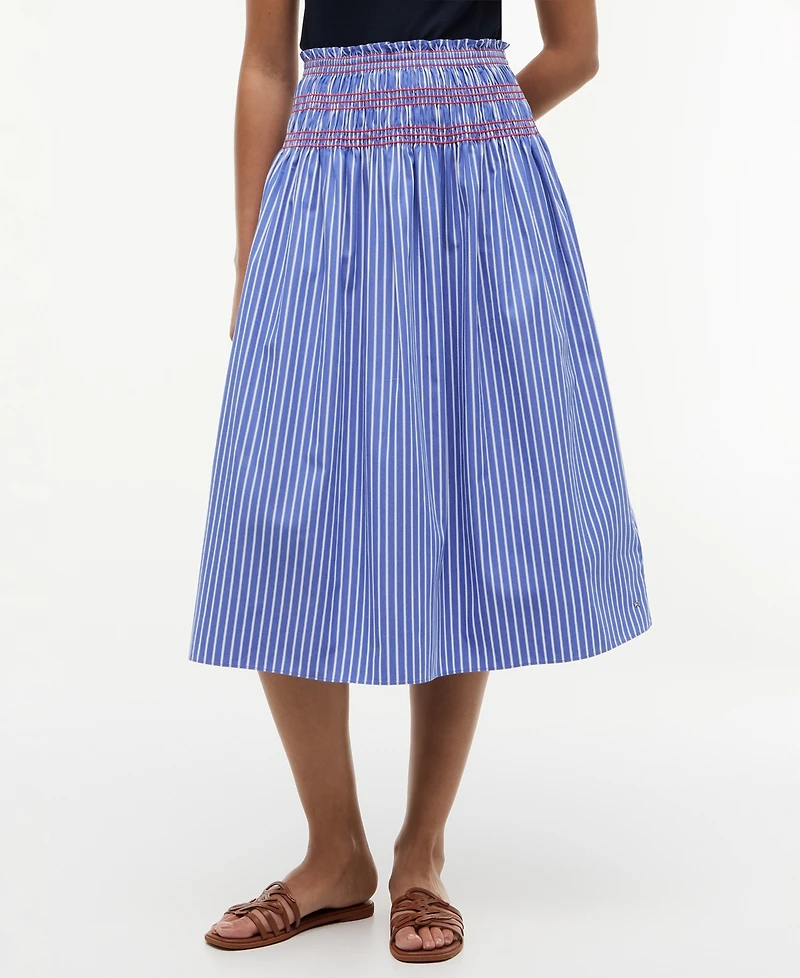 Tommy Hilfiger Women's Cotton Smocked Striped Midi Skirt
