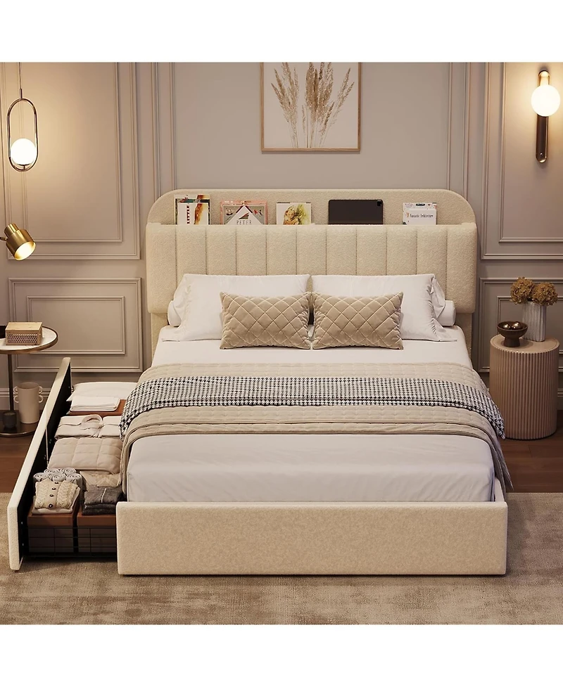 gaomon Full Boucle Bed Frame with Storage Headboard and 2 Drawers, Upholstered Platform