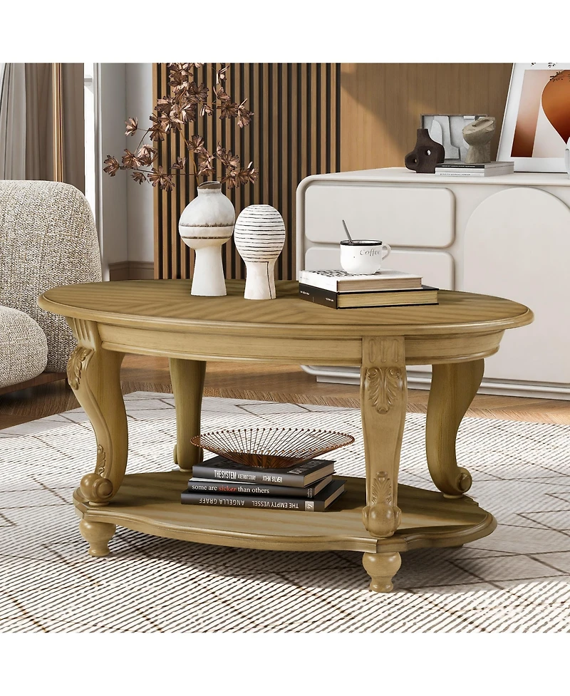 Rainsken 42" Oval Coffee Table, 2-Tier Solid Wood Center Table with Open Storage Shelf for Living Room, Small Space
