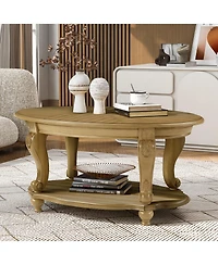 Rainsken 42" Oval Coffee Table, 2-Tier Solid Wood Center Table with Open Storage Shelf for Living Room, Small Space