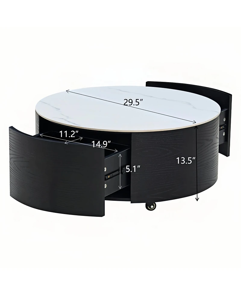 Rainsken 29.5" Round Movable Coffee Table on Wheels, Modern Wood Center Table with Marble Textured Sintered Stone Top and 2 Drawers for Living Room