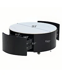Rainsken 29.5" Round Movable Coffee Table on Wheels, Modern Wood Center Table with Marble Textured Sintered Stone Top and 2 Drawers for Living Room
