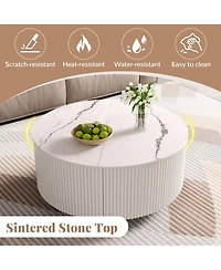 Rainsken Round Coffee Table with Wheels, Living Room Center Table with Marble Pattern Sintered Stone Tabletop and Dual Drawers for Storage