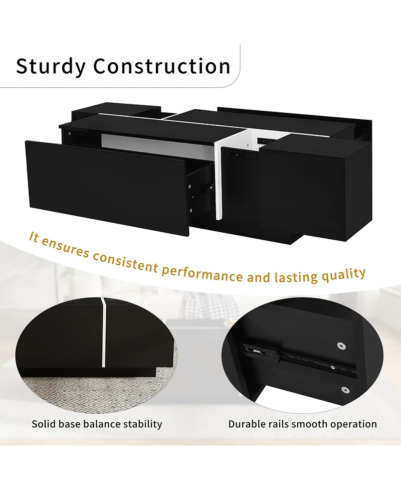 Rainsken Extendable Coffee Table - High-Gloss Finish, 2 Hidden Storage Space and 2 Drawers, Multi-Functional Center Table for Living Room