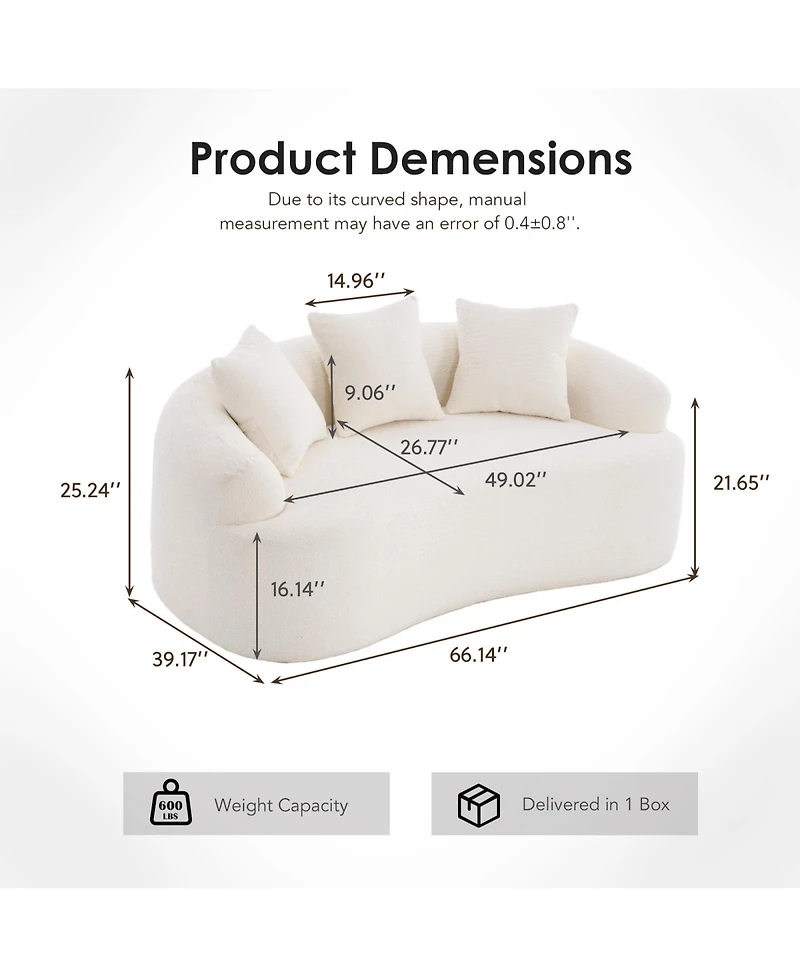 Rainsken Curved Loveseat Sofa, 65" Full Compression Sponge Couch, 30D Chenille Deep Seat Sofa with 3 Pillows for Living Room and Apartments