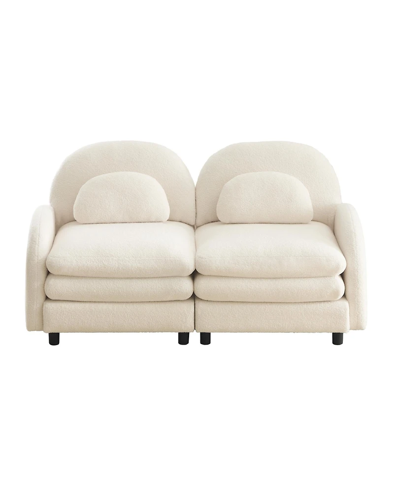 Rainsken 2-Seater Curved Teddy Fabric Loveseat Sofa, Flexible Modular Couch with Curved Lumbar Support Pillows for Living Room Decor