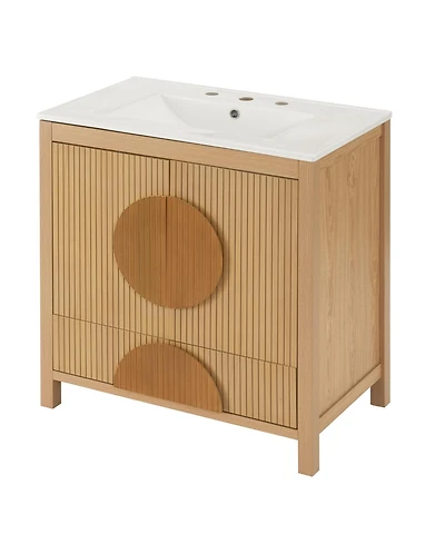 Busdays 30 Inch Fluted Bathroom Vanity with Sink Freestanding Modern Wood Cabinet Soft Close Doors 1 Drawer Open Storage Circular Accent