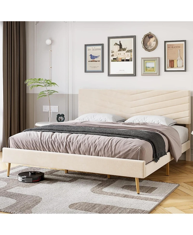gaomon King Upholstered Bed Frame, Velvet Platform Design for Bedroom or Guest Room