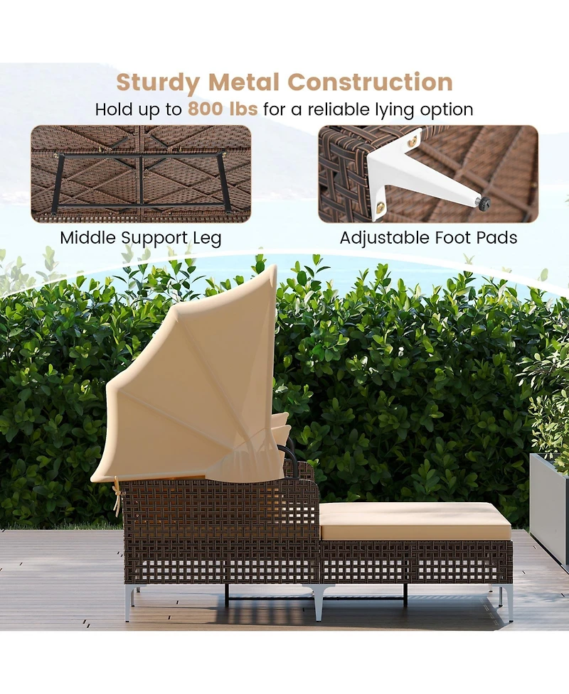 Gouun Pe Wicker Patio Daybed Lounger with Retractable Canopy