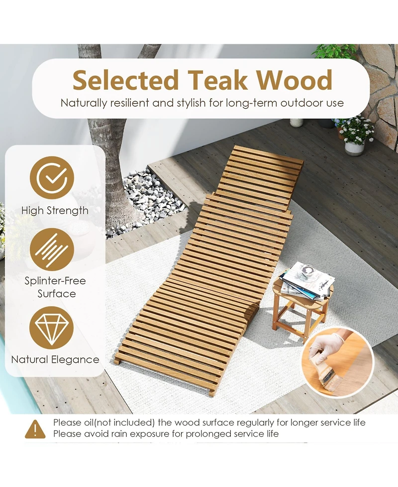 Gouun Teak Wood Folding Patio Chaise Lounge with Slatted Seat