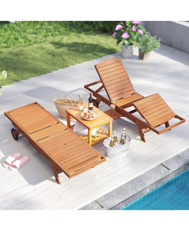 Gouun 4-Position Outdoor Wood Chaise Lounge with Wheels and Side Table