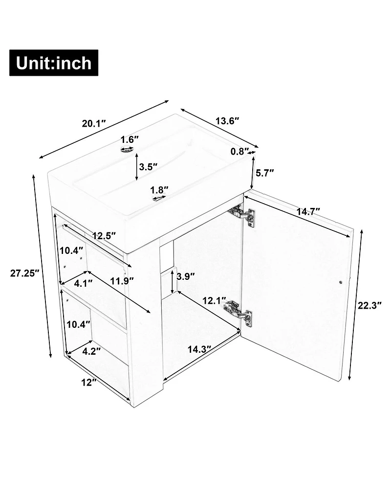 Sillysis 20 Inch Bathroom Vanity with Ceramic Sink, Side Storage Shelves and Towel Bar, Wall Mount Cabinet for Small Spaces