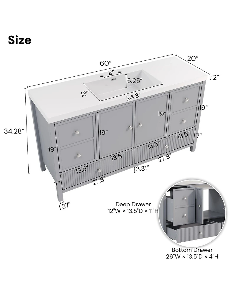 Sillysis 60 Inch Modern Bathroom Vanity with Countertop, Soft Close Drawers and Ample Storage, Freestanding Cabinet for Large Bathrooms