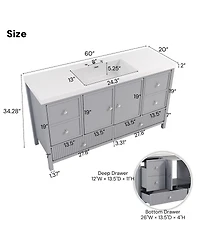 Sillysis 60 Inch Modern Bathroom Vanity with Countertop, Soft Close Drawers and Ample Storage, Freestanding Cabinet for Large Bathrooms