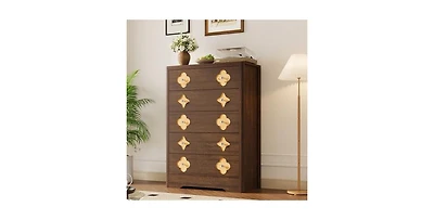 gaomon 5 Drawer Tall Dresser for Bedroom, Boho Chest of Drawers, Wooden Chest with Clothes Storage Cabinet