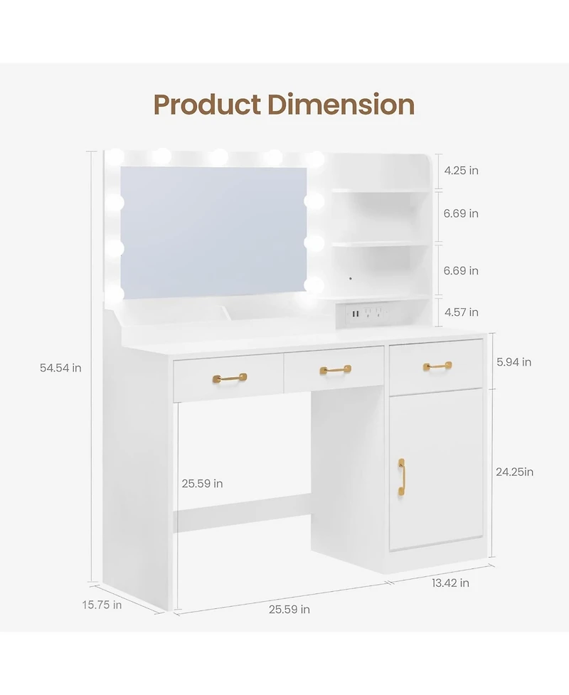 gaomon Glow Mirror Vanity Table with Plug Outlet, 3-Tier Storage Drawers and Shelves