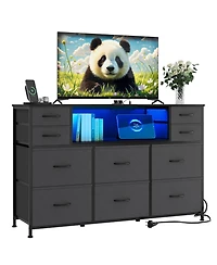 gaomon 10 Fabric Drawers Dresser with Led Lights, Entertainment Center with Charging Station, Wood Top