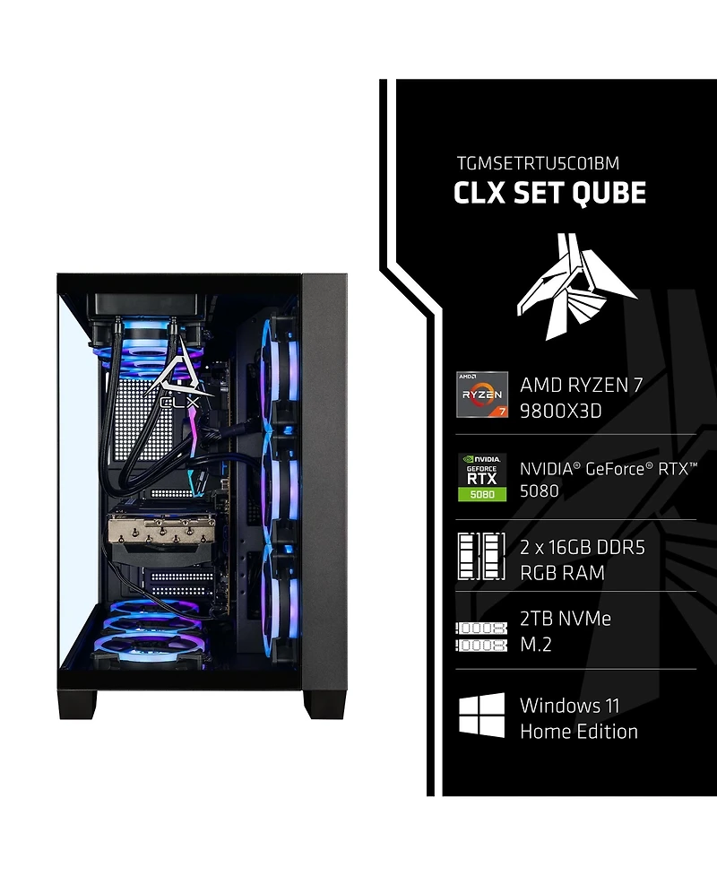 Clx Set Gaming Pc-Liquid Cooled Amd Ryzen 7 9800X3D 4.7GHz 8-Core, 32GB DDR5, Rtx 5080 16GB GDDR7 Graphics, 2TB Ssd, WiFi, Windows 11 Home 64-bit
