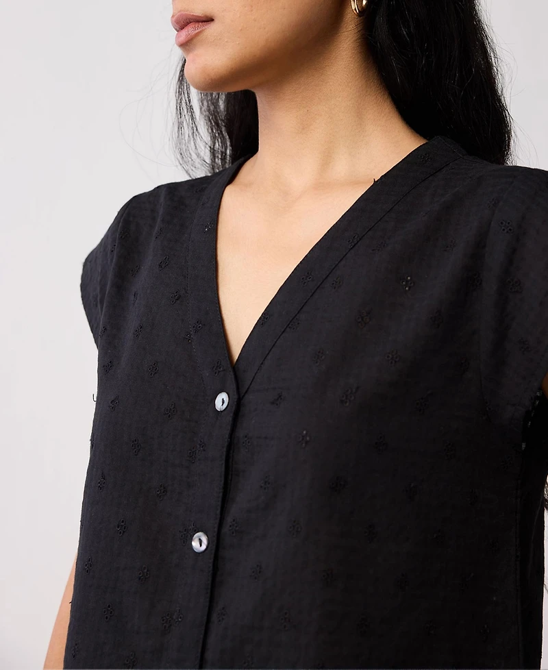 Reistor Women's V-Neck Embroidered Top with Front Buttons