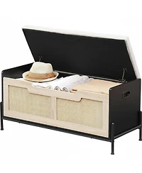 Yigii Rattan Storage Bench with Cushion Safety Hinges Shoe Chest for Living Room Bedroom