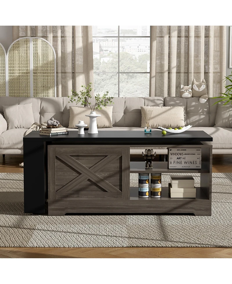 Rainsken Wooden Farmhouse Lift Top Coffee Table, Rectangular Center Table with Extendable Design, Barn Doors and Hidden Storage for Living Room