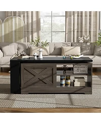 Rainsken Wooden Farmhouse Lift Top Coffee Table, Rectangular Center Table with Extendable Design, Barn Doors and Hidden Storage for Living Room