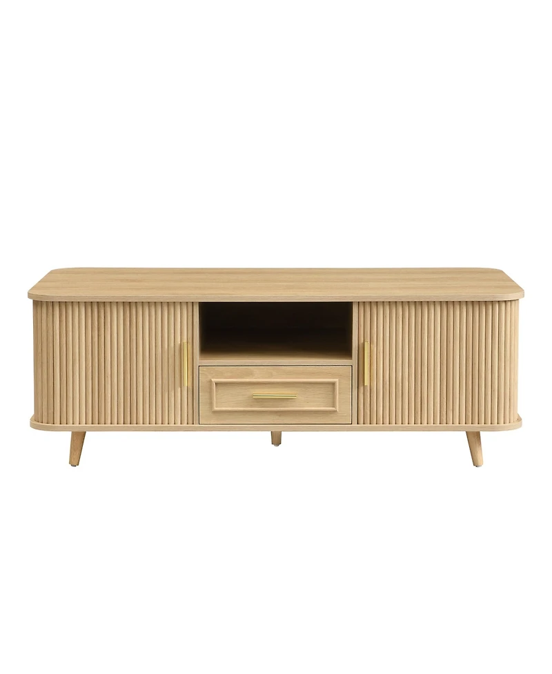 Rainsken Modern Rectangular Coffee Table with Pull-Out Drawer and Vertical Grooved Panels, Center Table with 6 Storage Spaces for Living Room