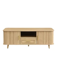 Rainsken Modern Rectangular Coffee Table with Pull-Out Drawer and Vertical Grooved Panels, Center Table with 6 Storage Spaces for Living Room