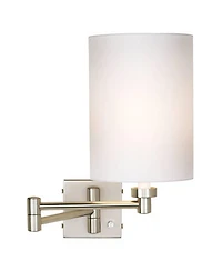 Possini Euro Design Modern Swing Arm Wall Lamp Brushed Nickel Plug-In Light Fixture Cotton Cylinder Shade Bedroom Bedside