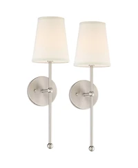 Possini Euro Design Elena Modern Wall Light Sconces Set of 2 Brushed Nickel Hardwire 6" Fixture Cream Linen Shade for Bedroom Reading Living Room Home