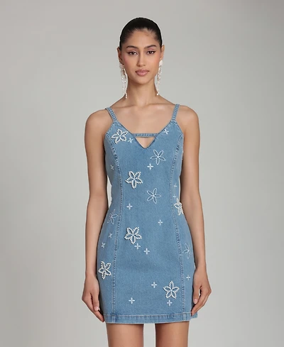 Avec Les Filles Women's Imitation Pearl Embroidered Detail Mini Dress