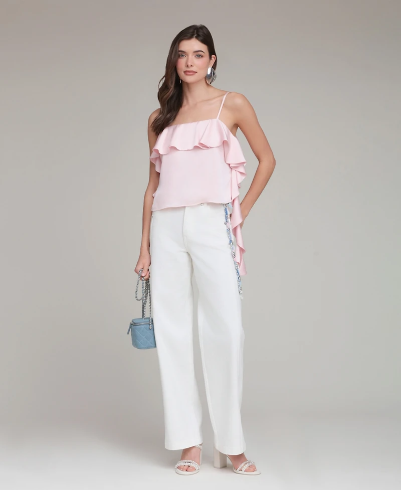 Avec Les Filles Women's Asymmetrical Ruffle Detail Square Neck Top