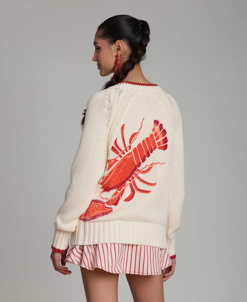 Avec Les Filles Women's Intarsia Lobster Long-Sleeve Sweater
