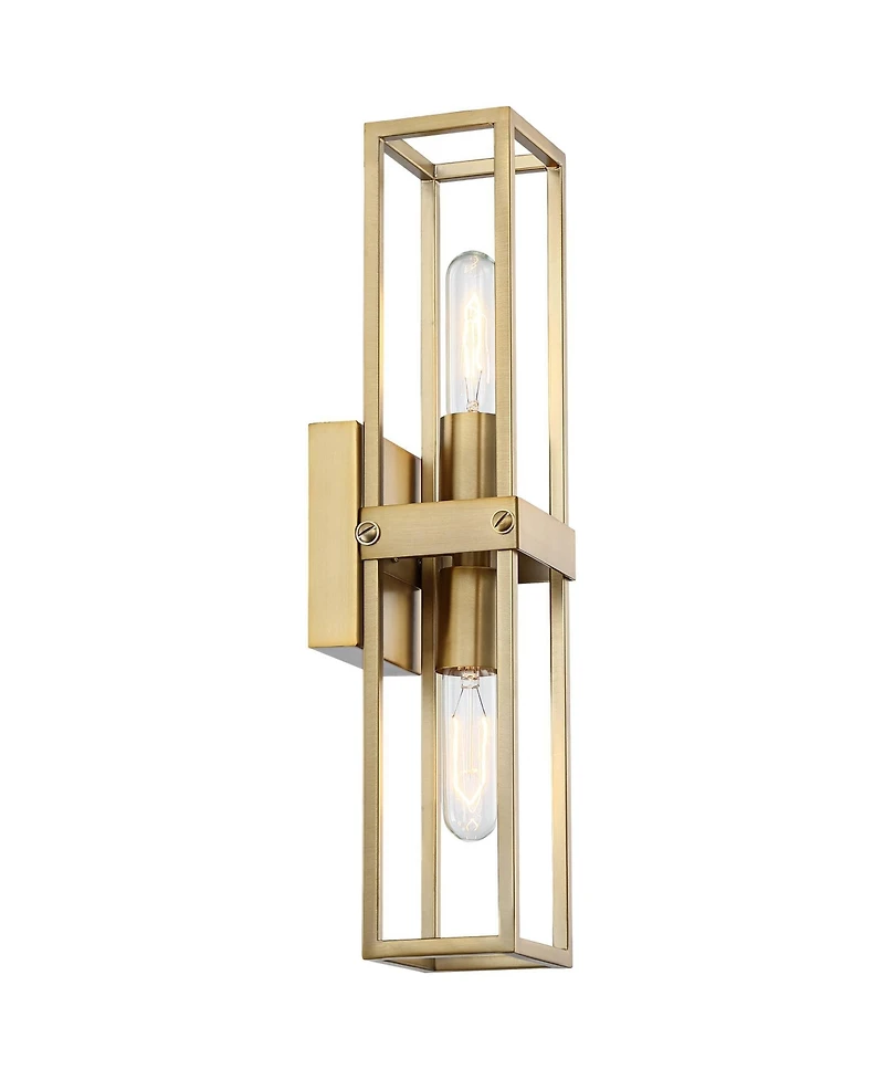 Possini Euro Design Fabian Modern Wall Light Sconces Set of 2 Warm Brass Hardwired 4" 2-Light Fixture Open Rectangular Frame for Bedroom