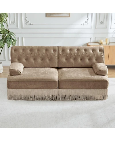Rainsken 77" Mid-Century Velvet Loveseat Sofa, Stylish 2-Seater Couch with Button Tufted Detailing and Floor-Grazing Tassel Skirt for Living Room