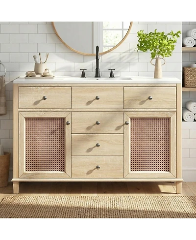 Sillysis 48 Inch Freestanding Bathroom Vanity with 5 Drawers, Rattan Doors and Ceramic Sink, Modern Soft Close Storage