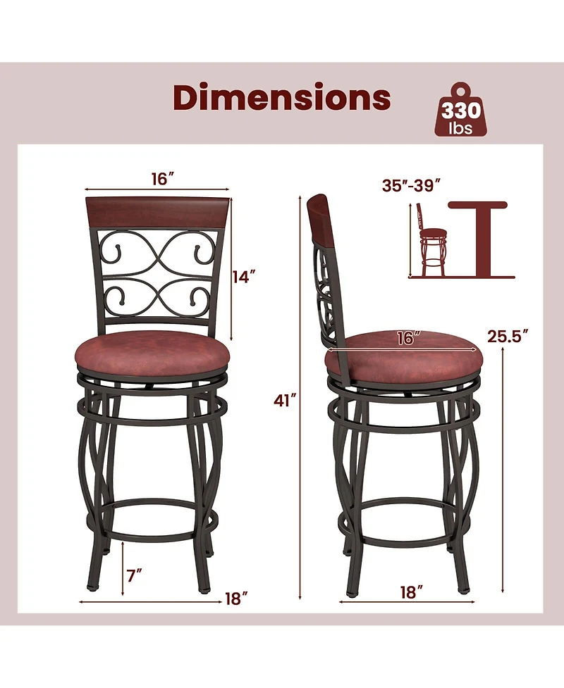 Costway 26" Swivel Bar Stools Set of 2 with Upholstered Seat Scroll Backrest Footrest