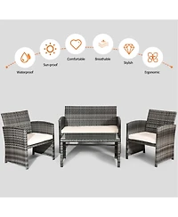Gymax 4PCS Patio Outdoor Rattan Conversation Furniture Set w/ Navy Cushion