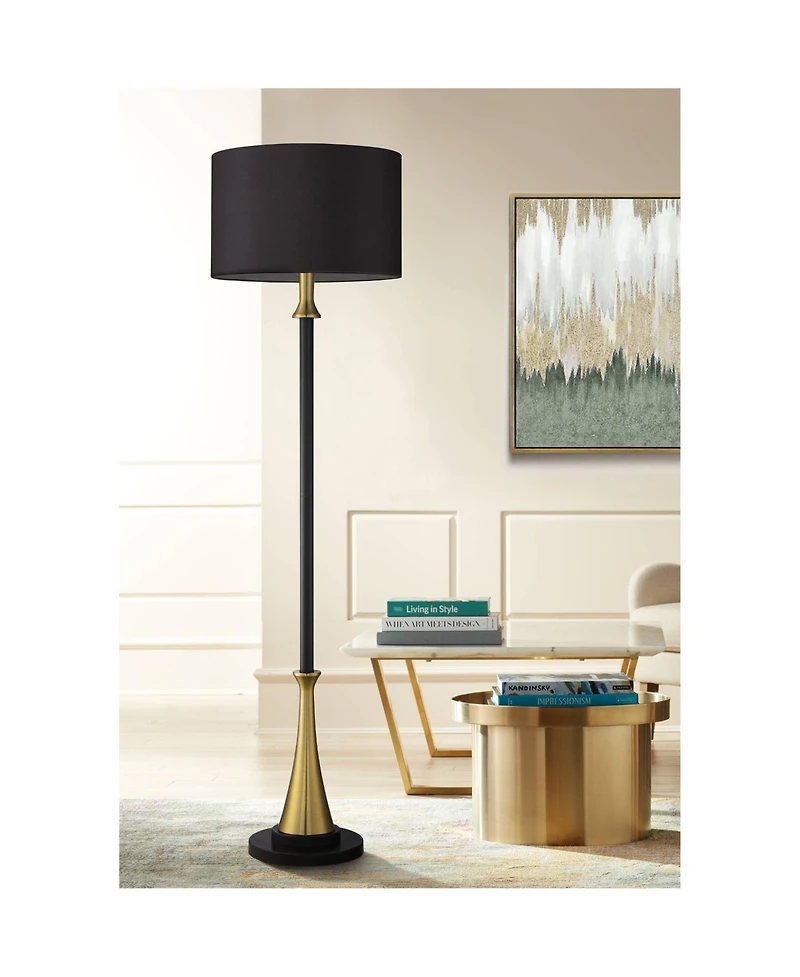 Possini Euro Design Burbank Mid Century Modern Art Deco 70" Tall Floor Lamp with Dimmer Two-Tone Brass Drum Shade for Living Room