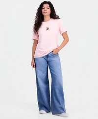Pretty Rebellious Juniors' Bear Embroidered Crewneck T-Shirt