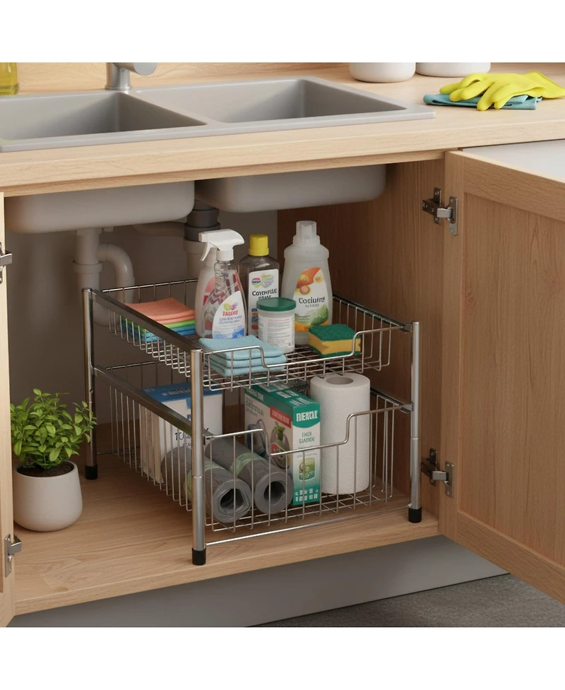 Yigii Free Standing Pull Out Cabinet Organizer Double Sliding Wire Baskets Top Shelf Stackable Metal Storage